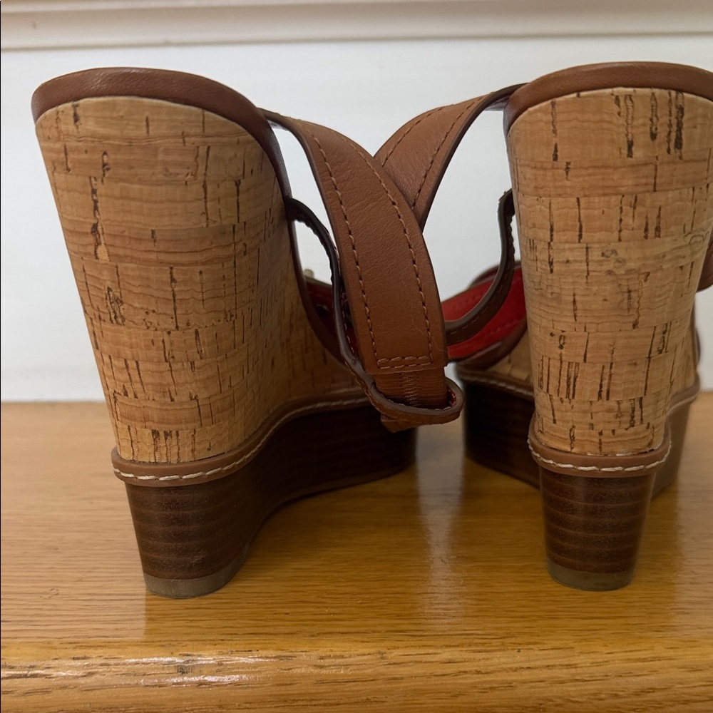 Coach Brown Leather Platform Sandals with Red Insole Accent - Picture 3 of 3